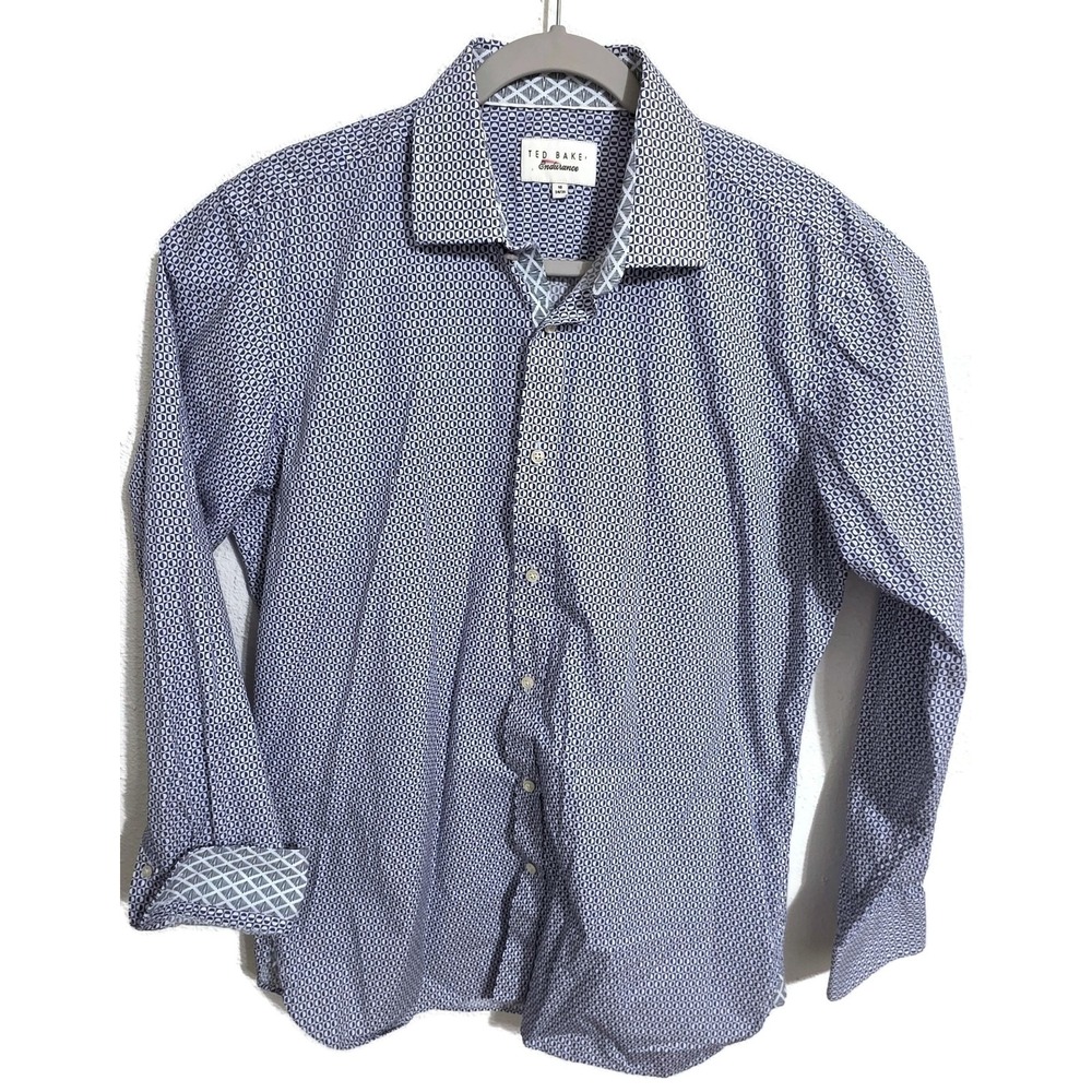 Ted Baker Shirt Mens 16 34/35 Blue Geometric Endurance Cotton Long Sleeve Dress